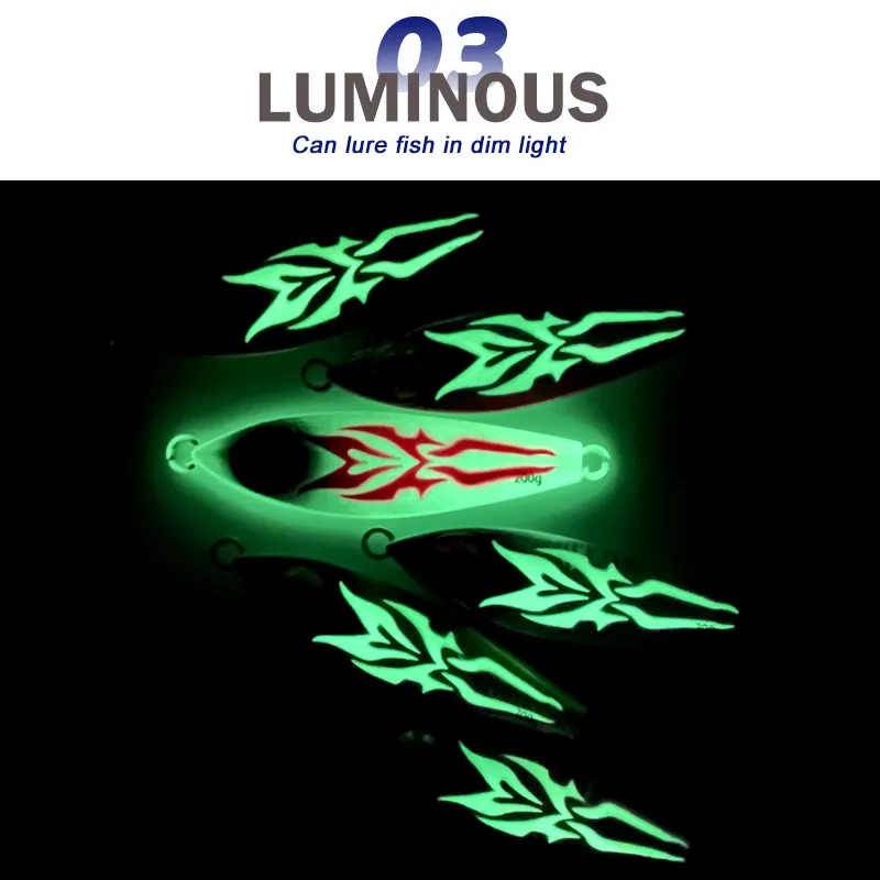 Luminous effect demonstration of JIG17 jigs glowing brightly in dark underwater conditions.