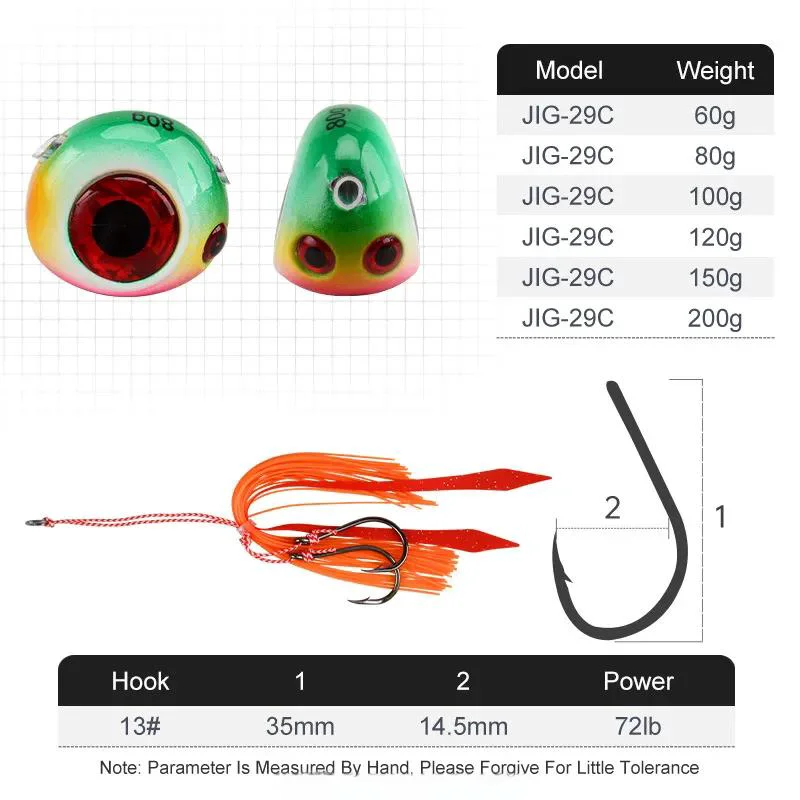 JIG29-C model weight and size specifications chart with lure and hook comparison