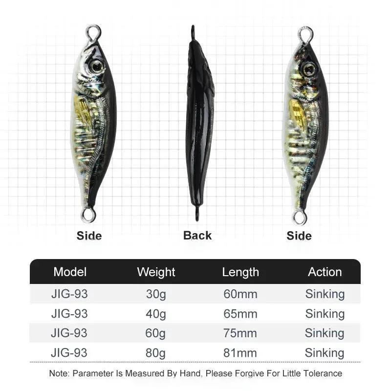 Jig-93 series side and back views with size and weight comparison chart