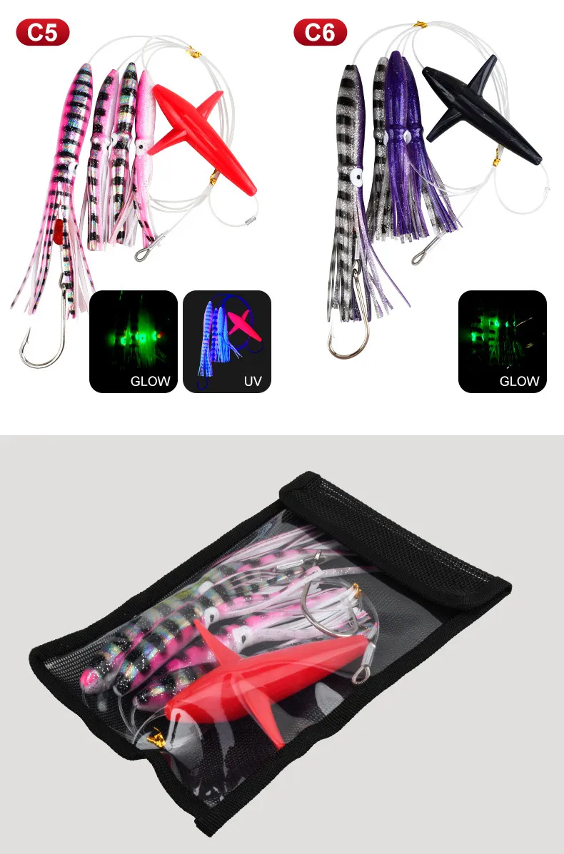 Full view of the Sea Bird Teasers with multi-color UV light effect and tandem squid setup.