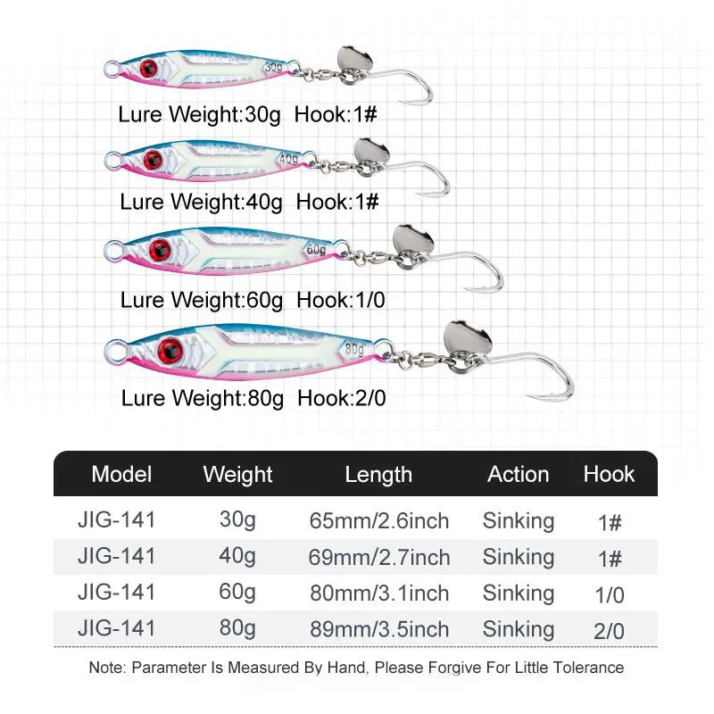 Size and model chart for JIG141 series jigs with hook and length info
