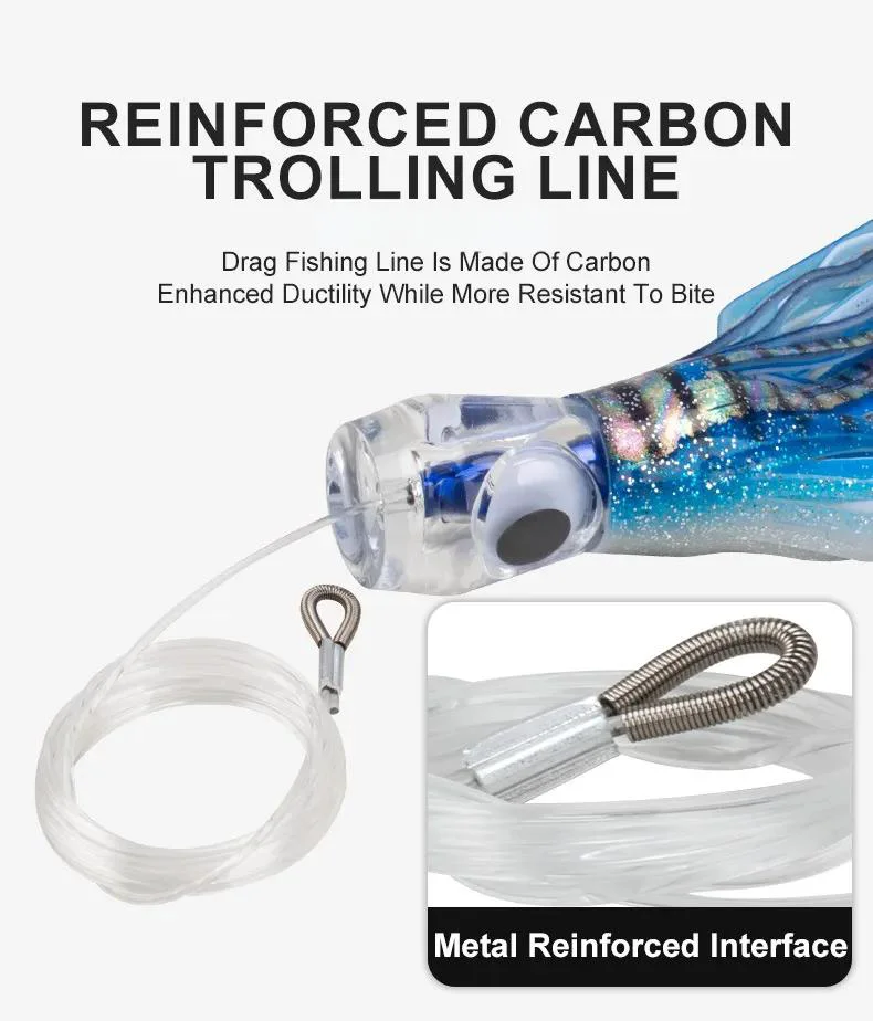 Reinforced carbon trolling line with a metal-reinforced interface for durability.