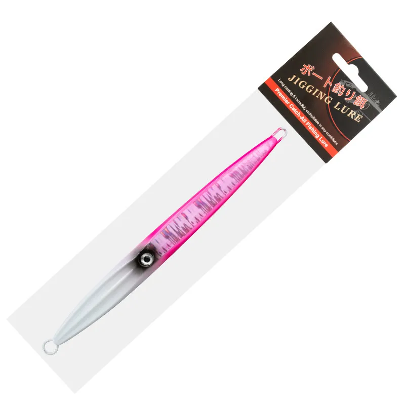 Jig lure in pink color with a close-up of its glowing effect visible in low light.