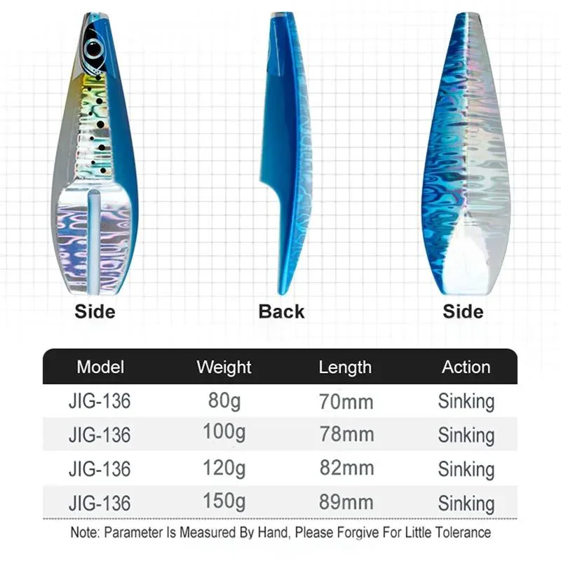 JIG-136 product specification chart with weight, length, and sinking action