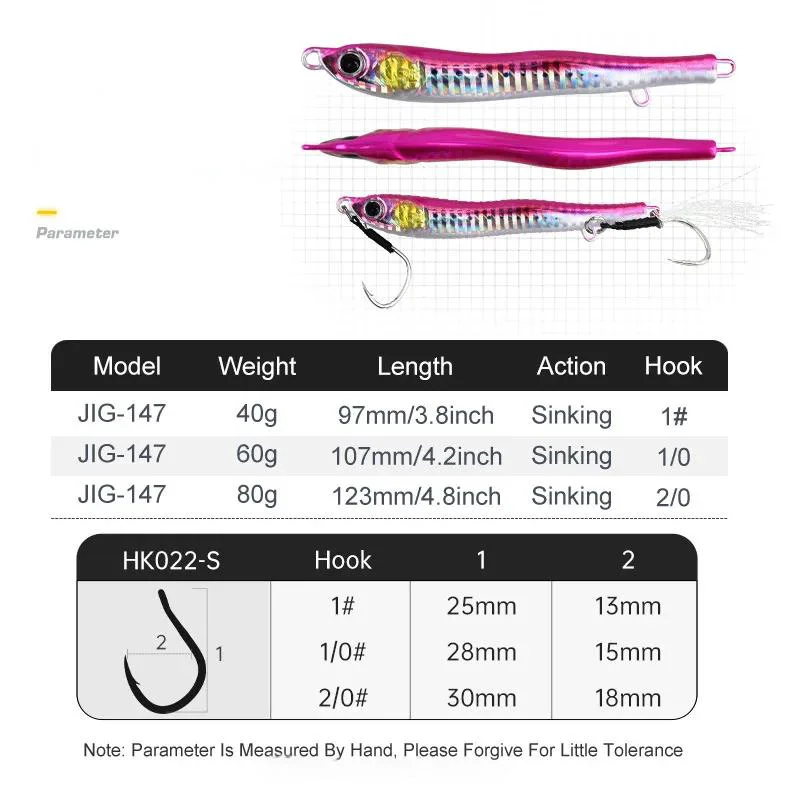 Size chart and jig specifications including model, weight, length, and hook data.
