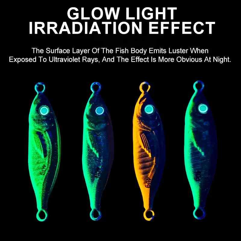 Glow-in-the-dark jig lures under UV light showing bright green and blue hues