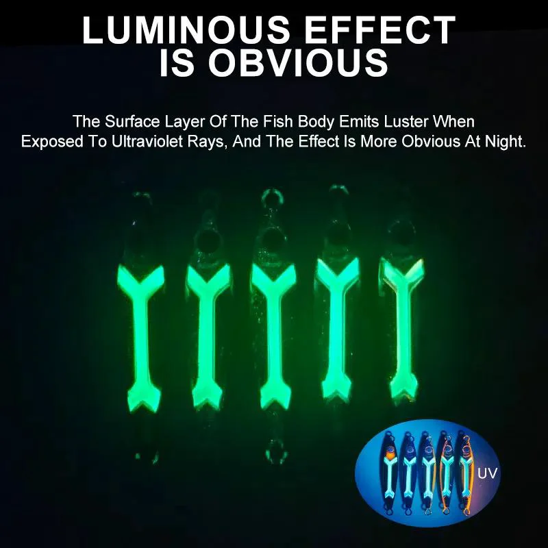 Lures glowing green under UV light showing luminous fishing effect