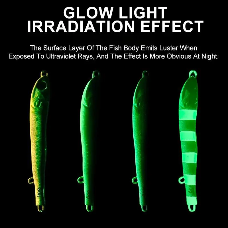 Four metal jigs glowing under UV light to show glow light irradiation effect.