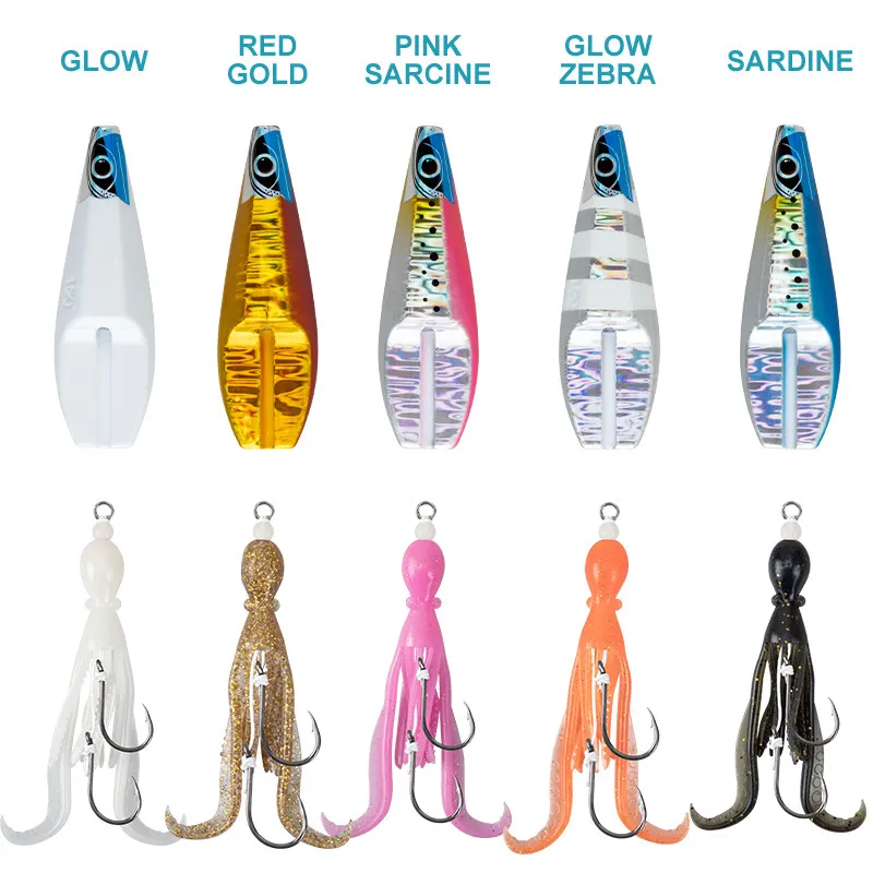Vertical view of jig and soft-tail combo options in different colors and hook configurations