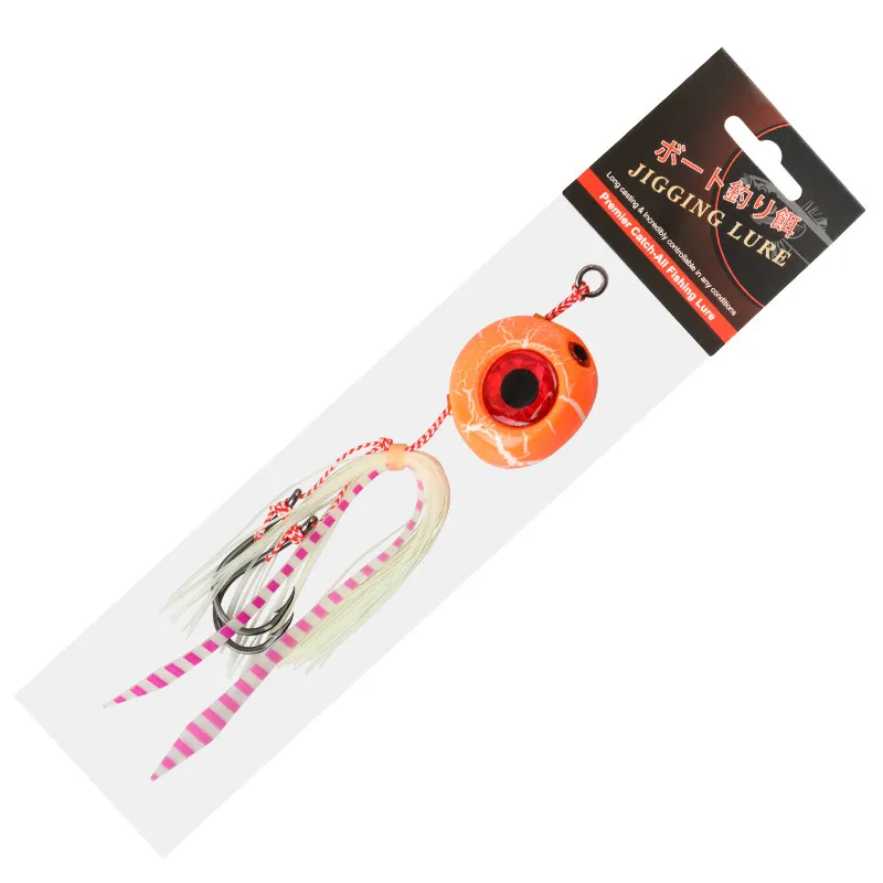 JIG29-C3 white lure with orange skirt showing glow and UV performance