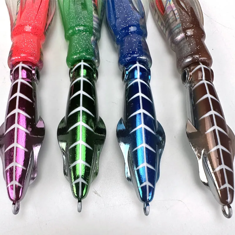 Squid lures of various colors, including green and red, with multi-angle light reflection.