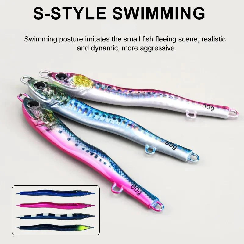 S-style swimming jigs showing lifelike movement and vivid paint patterns.