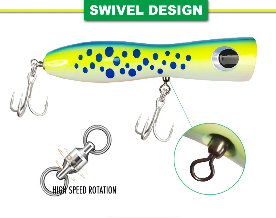 Detailed view of the Wood Lure #113, highlighting its body design, high-quality stickers, and carbon steel hooks.
