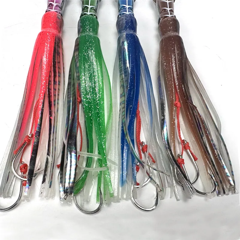 Multiple squid lures in a row showcasing different UV colors, emphasizing their glowing effect.
