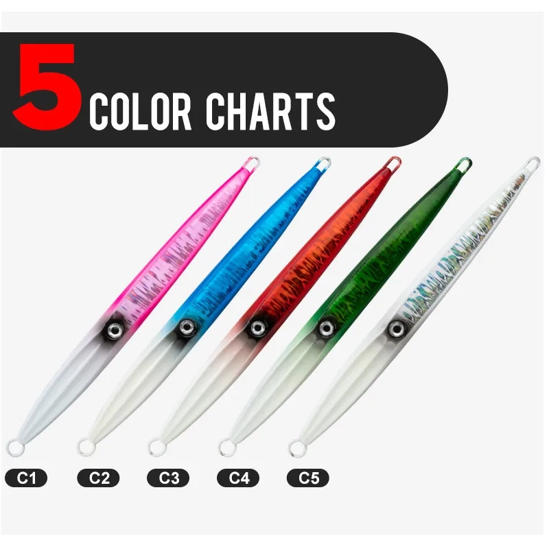 A variety of sinking jigs in different colors, including green, pink, and blue, displayed with their glow feature.