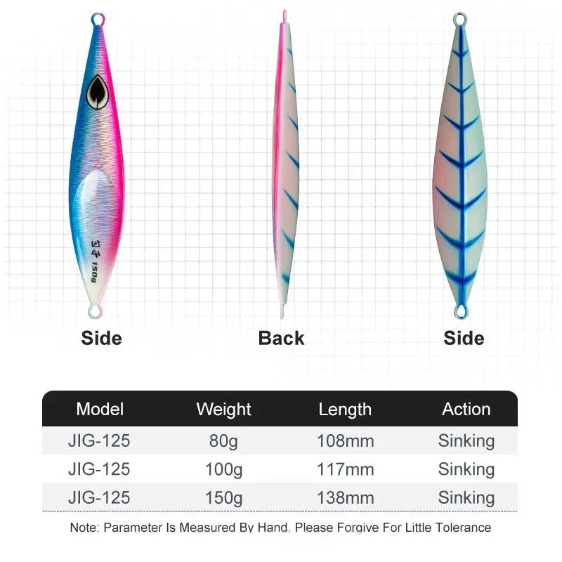 Size and weight specification chart for JIG-125 series metal jigs
