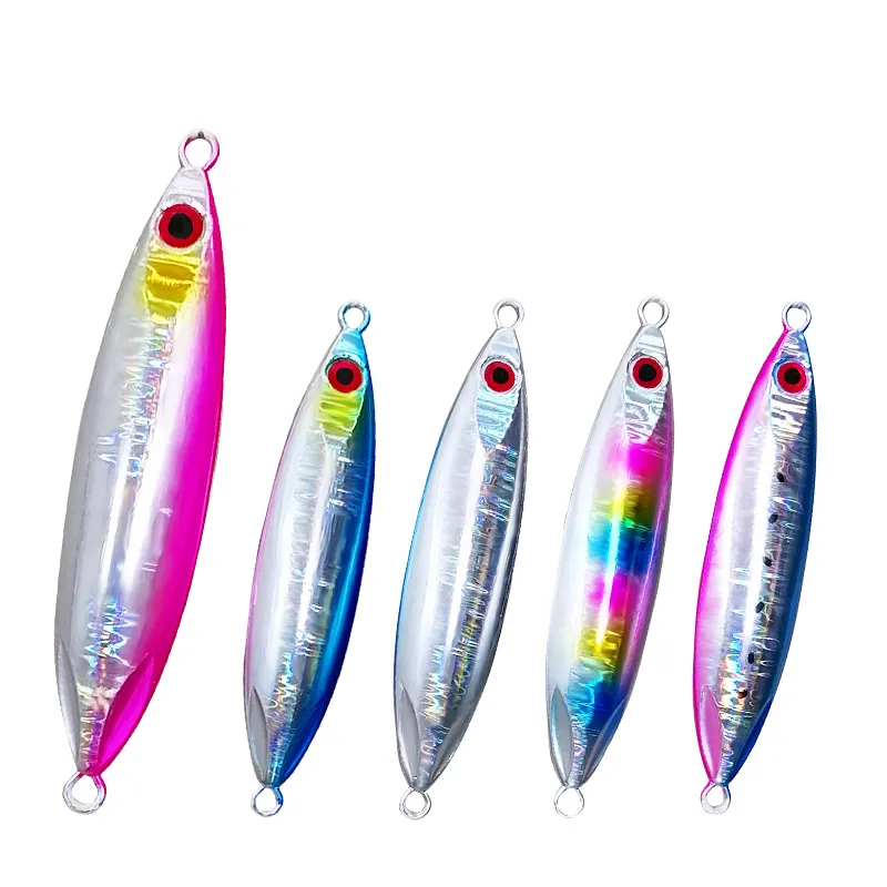 Image showing a variety of colorful metal jigging fishing lures in different sizes and colors with glowing stripes.