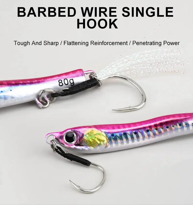 Close-up of a barbed single assist hook attached to a pink-silver jig.