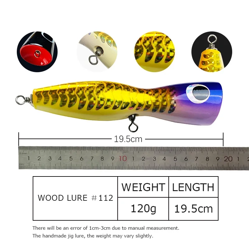 Close-up view of the Wood Lure #112, showcasing the realistic fish eye and vibrant color patterns.