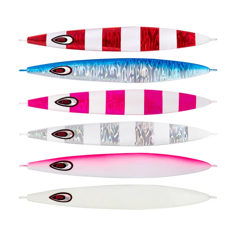 Display of OBSESSION jig lures in multiple colors, featuring UV glow and reflective foil finishes.