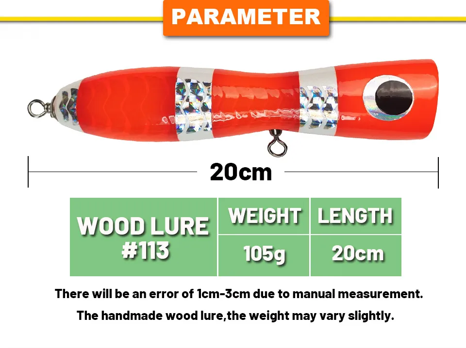 Parameter chart for the Wood Lure #113, showing weight, length, and nozzle size.