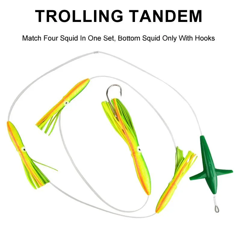 Trolling tandem design featuring four squid lures in one set with hooks.