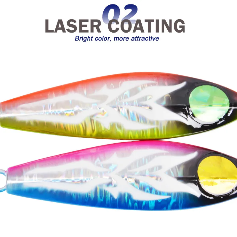 Display of laser-coated lure bodies highlighting reflective patterns and vibrant color finishes.